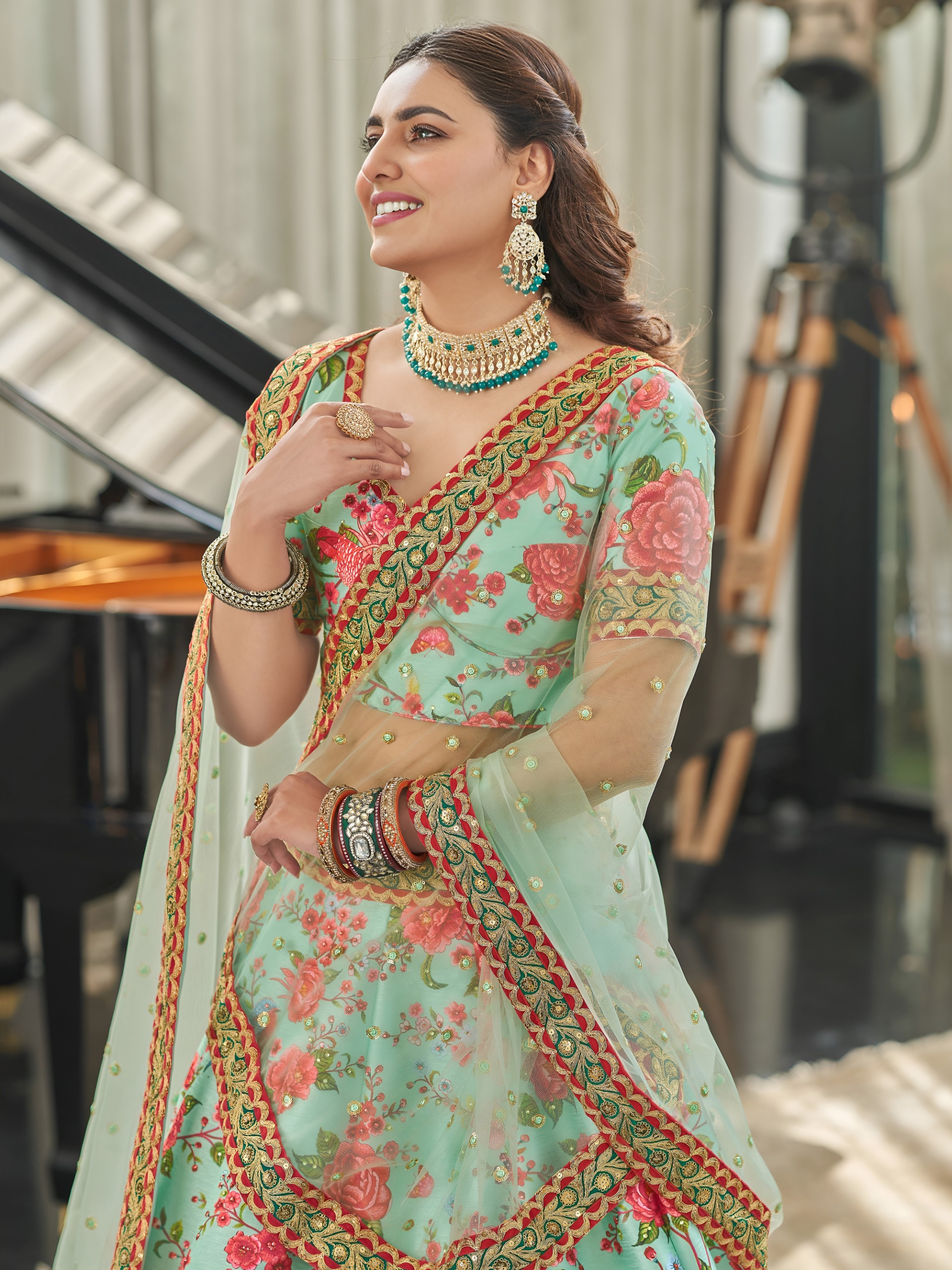 Mint Green Floral Printed Lehenga with Blouse - Image 4