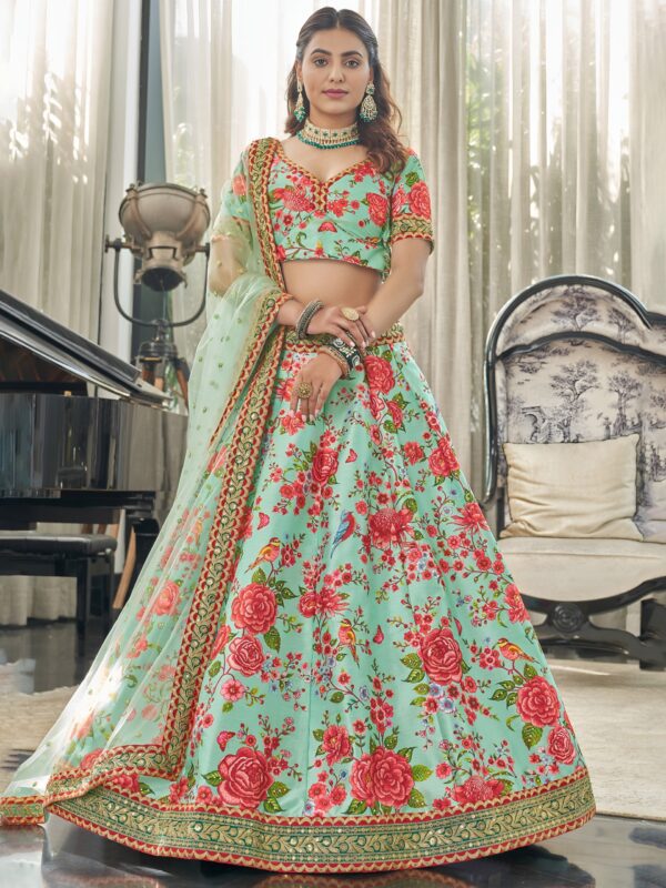 Mint Green Floral Printed Lehenga with Blouse - Image 3
