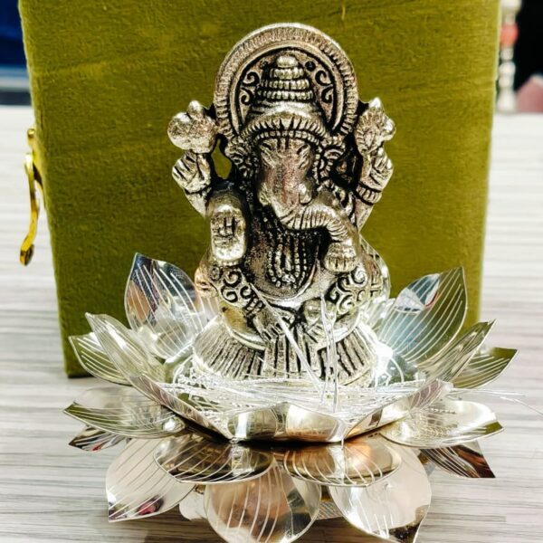 German silver Lotus singhasan with ganesh and11 silver durva