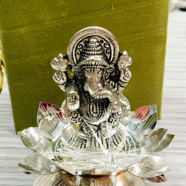 German silver Lotus singhasan with ganesh and11 silver durva