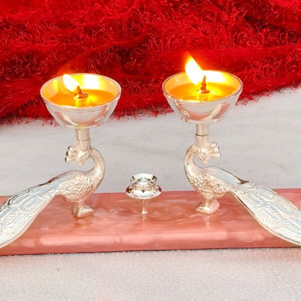 German silver double peacock diya with agarbatti stand