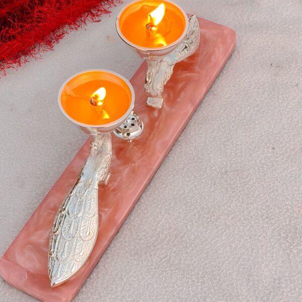 German silver double peacock diya with agarbatti stand
