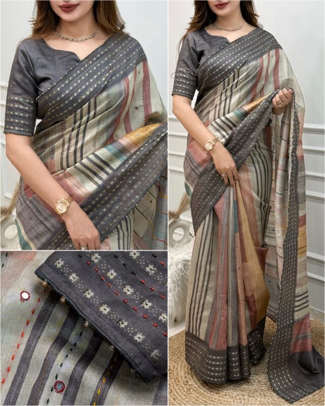 Charcoal Grey multi-tonal striped saree - Image 3