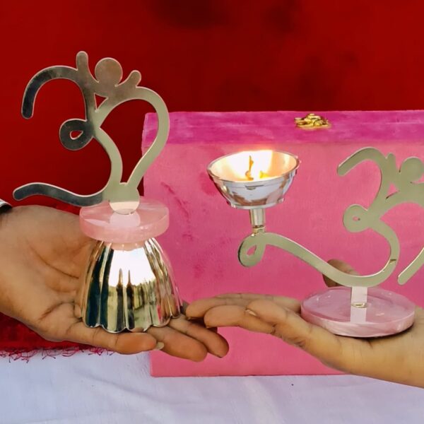 German silver Om design Akhand diya & bell