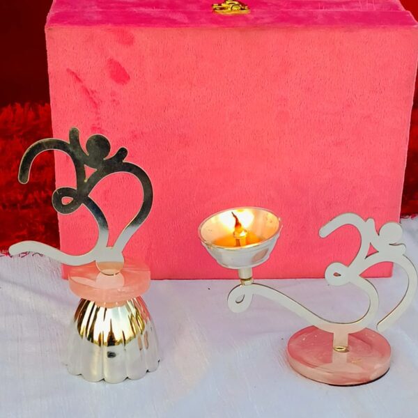 German silver Om design Akhand diya & bell