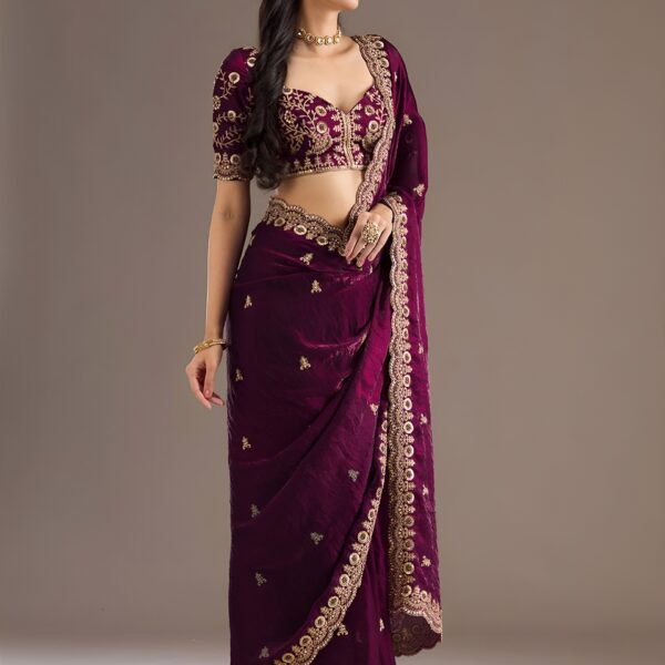 Rich wine saree with glossy silk-like shine