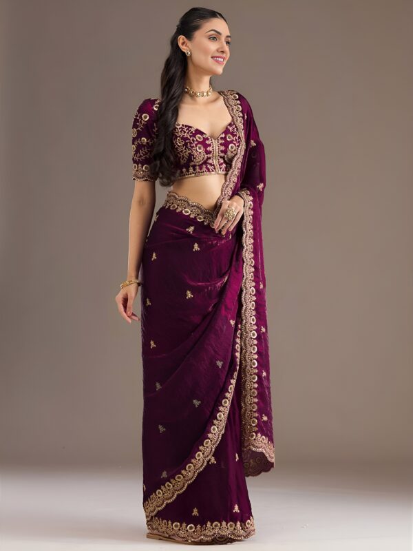 Rich wine saree with glossy silk-like shine - Image 2
