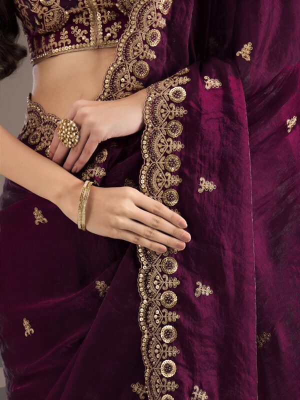 Rich wine saree with glossy silk-like shine - Image 3