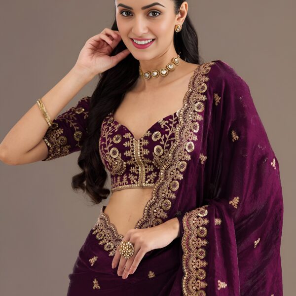 Rich wine saree with glossy silk-like shine