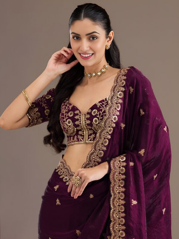 Rich wine saree with glossy silk-like shine