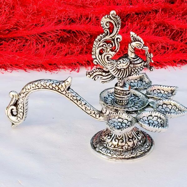 Antique German silver peacock head panch aarti diya with handle