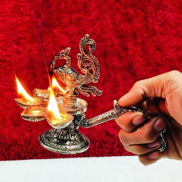 Antique German silver peacock head panch aarti diya with handle