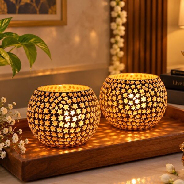 Mosaic Glass Votive Tealight Candle Holder Set