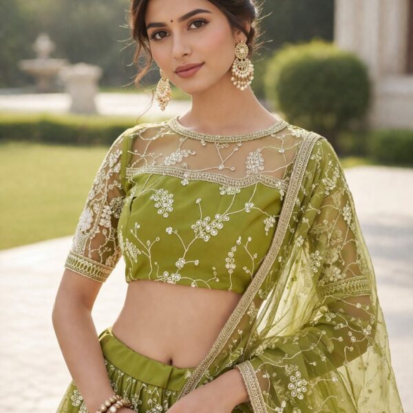 Parrot Green Fully Stitched Lehenga Choli